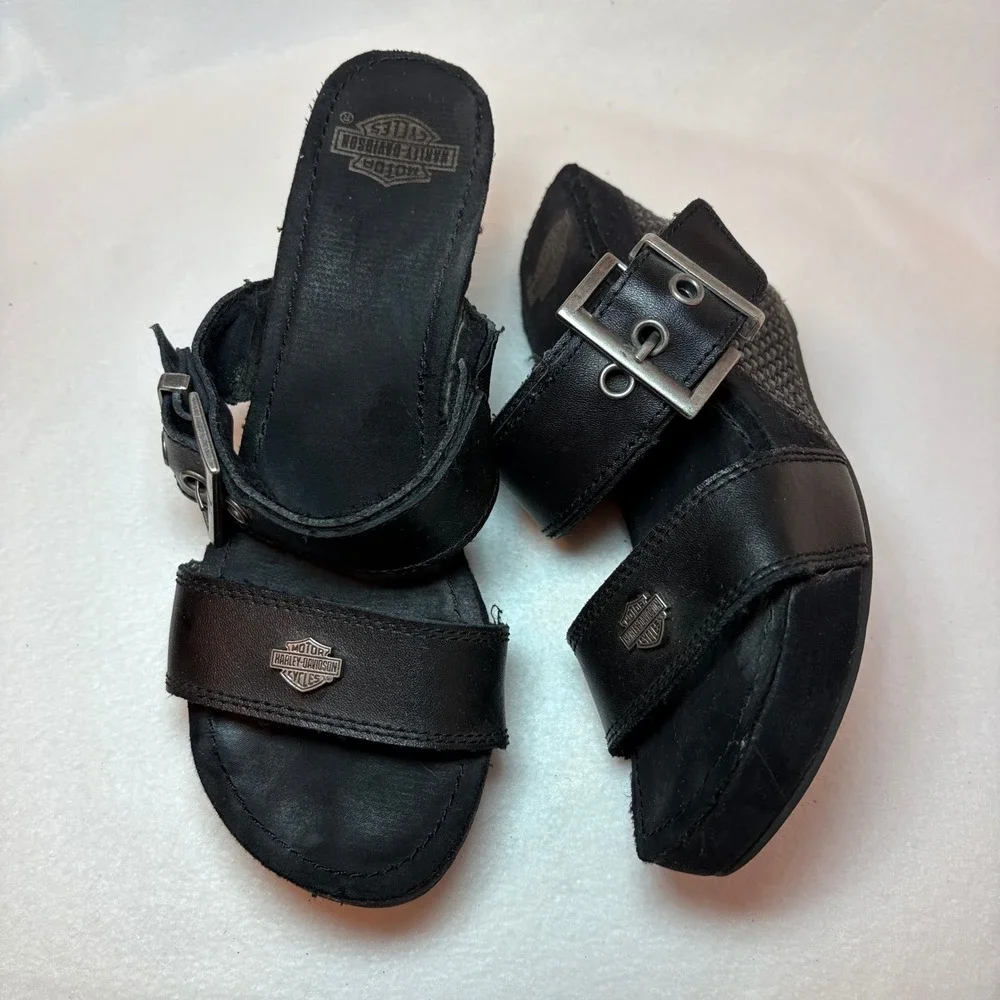 Harley-Davidson Womens Black Leather Wedge Sandals Buckle Logo Platform Slides
